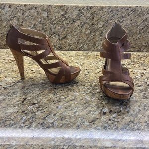 Cathy Jean 6.5  5”inch genuine, leather, gladiator style cork, gently worn 1-2 T